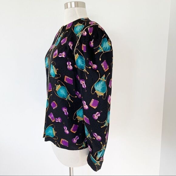Vintage Ornate Printed Silk Cocktail Blouse Top Long Sleeve Novelty Women Size 2 - Picture 5 of 10